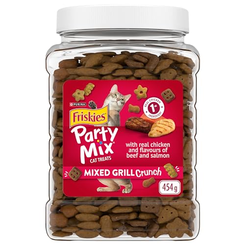Friskies Party Mix Cat Treats, Mixed Grill Crunch with Real Chicken – 454 g Cannister (1 Pack)