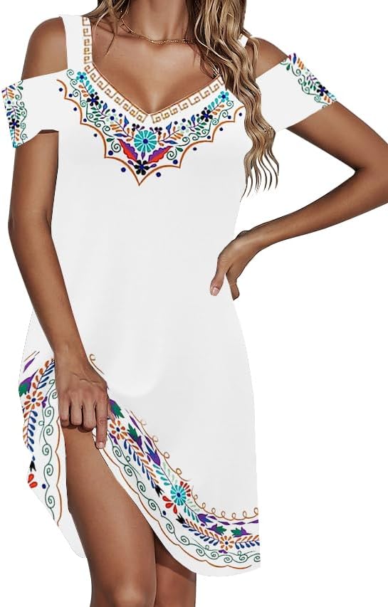 SAUKOLE Womens Sexy Cold Shoulder Dresses Summer Casual Dress Loose Fit Knee Length Dress - Image 2