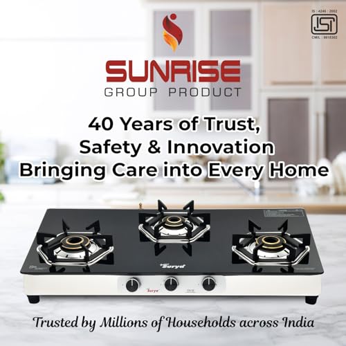 Image of GOLDEN SURYA Premium FlameX 3 Burners Manual Ignition Gas Stove (ISI Certified) 18 Months Warranty, Heavy Tornado Brass Burner, Thick Toughened Glass Top, LPG Compatible Cooktop