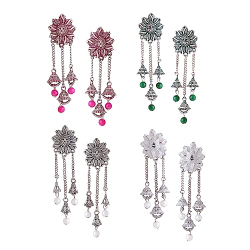 Image of Yellow Chimes Earrings for Women and Girls Traditional Silver Oxidised Jhumka German Silver Earring Set Dome Shaped Dangler Jhumki Earrings Combo | Birthday Gift For Girls and Women