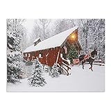 BANBERRY DESIGNS Lighted Christmas Wall Art - LED Red Covered Bridge and Horse Christmas Picture - Fiber Optic Lights in a Canvas Print with a Winter Holiday Scene - Farmhouse Style Xmas Décor
