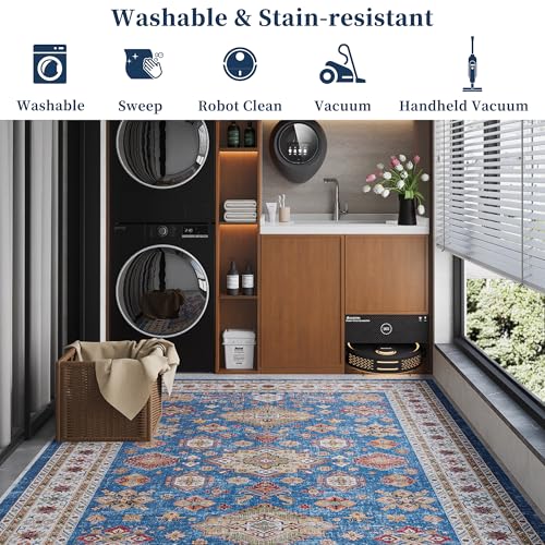 Vintage 9x12 Washable Area Rug, Low-Profile Large Area Rug with Non-Slip Backing & Durable Edge Binding, Pet-Friendly Carpet, Large Rug for Living Room, Bedroom & Dinning Room