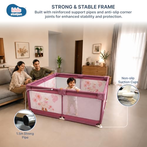 Image of Kids Station 180 x 150cm Playpen for Baby up to 5 Years, Portable Baby Activity Playards for Toddlers, Play Pen Fence with Zipper Door & Anti-Fall Grasp Rings (Non-Foldable Without Mattress) - Maroon