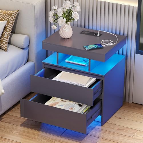dnbss Nightstand with Charging Station and LED Light, Modern Night Stand with 2 Drawers, Smart...