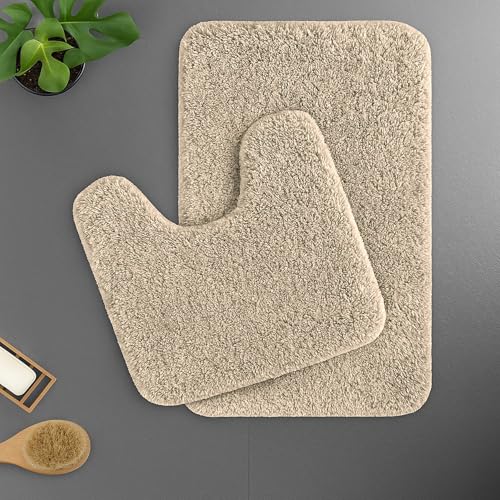 Image of LUXE HOME INTERNATIONAL Polyester Contour Bath Mat - Washable, Anti Skid, Water Absorbent Contour Mats for Bathroom, Toilet, Wash Basin & Bathroom Contour Mat Set (Beige, 45x 75 cm & 40x45)