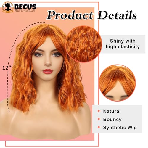 BECUS 12In Short Ginger Bob Wig for Women with Bangs Natural Curly Wavy Synthetic Wig for Daily Wear Halloween, Party & Cosplay - Image 4