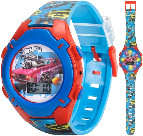 Hot Wheels Kids Watch – Rotating Dial Lights, LCD Display, Adjustable Comfortable Strap, Collectible Tin – Perfect for Boys and Girls