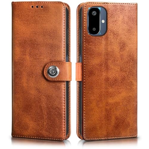 Image of Fastship Genuine Leather Inside Back TPU Wallet Button Magnetic Compatible Model for Samsung F06 5G / SM-E066B - Brown