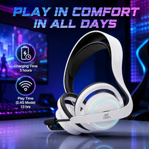 Image of Ant Esports Stealth50 Open Back Wireless Gaming Headset with Bluetooth 5.4 & 2.4GHz Low Latency, 50mm Drivers, Detachable Mic, RGB Lighting, USB-C Charging for PC, PS5, Laptop, Mobile & Tablet - White