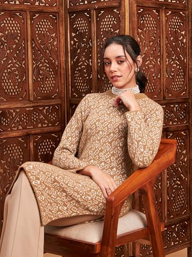 Image of Women's Woolen Winter Kurta | Ethnic Motifs Self Design Long Sleeve Straight Wool Kurti with Round Neck