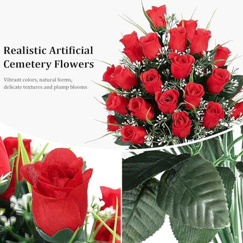 Lewondr Artificial Cemetery Flowers with Vase, 2 Sets Outdoor Grave Decorations UV Resistant Silk Rose Bouquet Graveyard Memorial Flowers for Cemetery Headstones Decoration, Red image 8