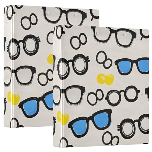 Image of Glasses Summer Pattern 3 Ring Binder with 2 Interior Pockets 1.5 inch Binders 3 Ring Heavy Duty Fit 8.5 inch x 11 inch Letter Size for Office School, 2 Pack