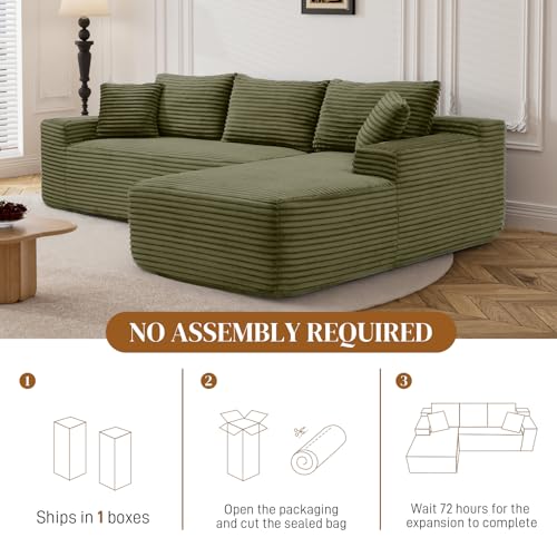 Image of 95 inch L Shaped Boneless Sectional Couches, Wide Armrest, Deep Seat, Memory Foam, Assembly Free, Modern Comfy Corduroy Fluffy Cloud Sofa with Right Chaise for Living Room, Small Spaces, Green