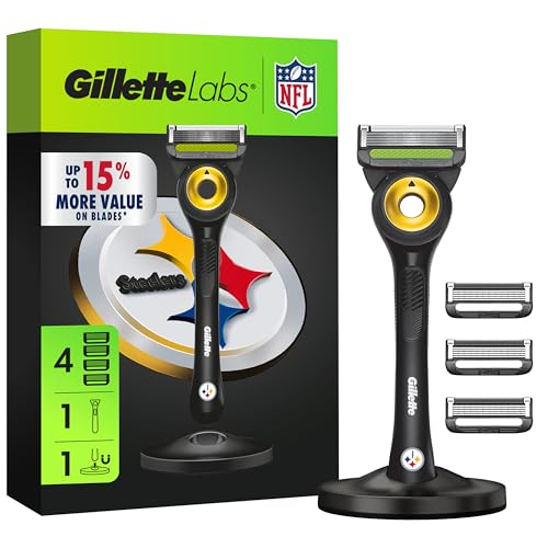 Gillette Labs Special NFL Steelers Edition Shaving Razor for Men - 1 Handle 4 Razor Blade Refills & Magnetic Stand GilletteLabs with Exfoliating Bar