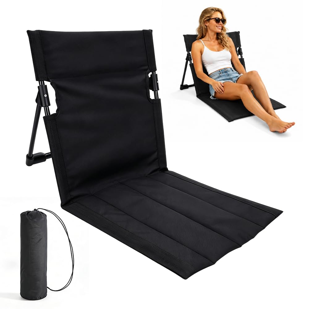 Bodenstuhl mit Rückenlehne, Strandmatte Mit Rückenlehne, 600D Oxford-Gewebe Bodenstuhl Outdoor, Strandmatte Klappbar mit Tragetasche für Angeln, Picknick, Strand, Wandern (Schwarz)