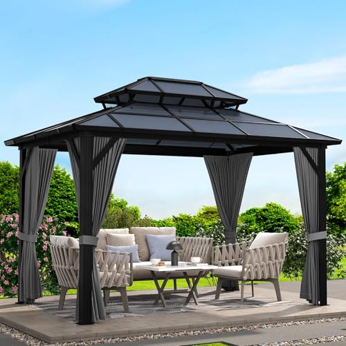 GAOMON 10'x12' Hardtop Gazebo Outdoor Polycarbonate Patio Double Top Canopy Galvanized Iron Aluminum Column Garden Tent Curtains Netting for Backyards Decks Lawns, Gray - Image 2