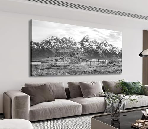 Farmhouse Rustic Barn Wall Art for Living Room Bedroom Large Size Grand Teton Black White Canvas Pictures Artwork Prints Snow Mountain Grassland Nature Landscape for Home Office Decor 29