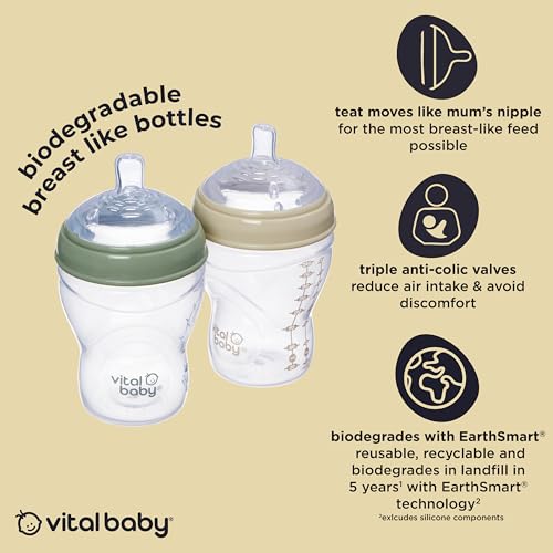 Vital Baby Breast-Like Baby Feeding Bottles 0m+, 240ml, Self-Sterilising in 3 Mins, Triple Anti-Colic Valves, Slow Flow Teats, EarthSmart Biodegradable, BPA-Free, 2 Pack - Image 4