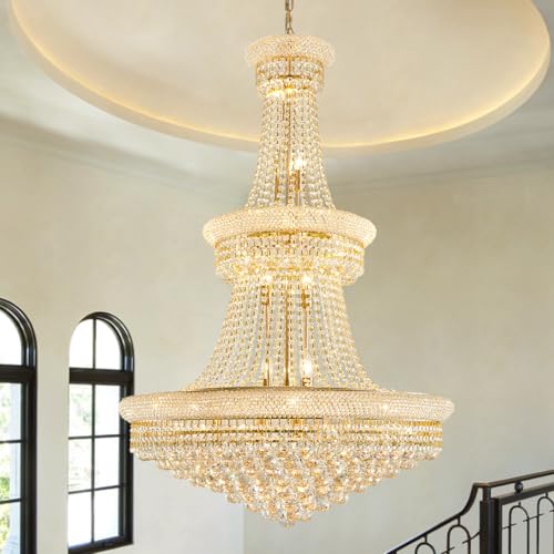DUNFIZZ 19-Lights High Ceiling Chandelier Modern Gold Crystal Chandeliers Large Foyer Chandelier Fixtures for Staircase Living Room Hallway Entryway (H47 x W31.5)