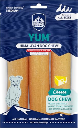 Himalayan Dog Chew Yak Cheese Dog Chews Lactose Free & Grain Free USA Made for All Dog Breeds Medium Density Cheese Chew Resealable Pouch with 3 YUM Treats Cheese Flavor
