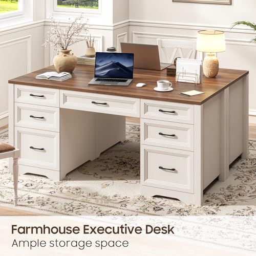 Image of Vabches Farmhouse Executive Desk, Wood Home Office Desk with 2 Large File Drawers and 5 Storage Cabinets, Rustic Writing Desk for Work and Study, Brown