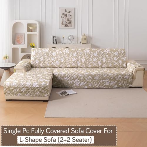 Image of HOKIPO 'Elira Series' Printed Quilted One-Piece L Shape 4 Seater (2+2) Sofa Cover with Left Chaise | Anti-Slip Design, Buff Brown Sillehoute Floral (NEW-AR-5373-C7)