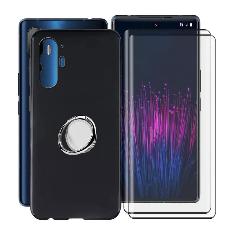 YQINHHME Black Case for HTC U24 Pro (6.8') with 2 X Screen Protector + 360° Magnetic Ring Holder, Slim Shockproof Protective Cover Soft Silicone Phone Case for HTC U24 Pro