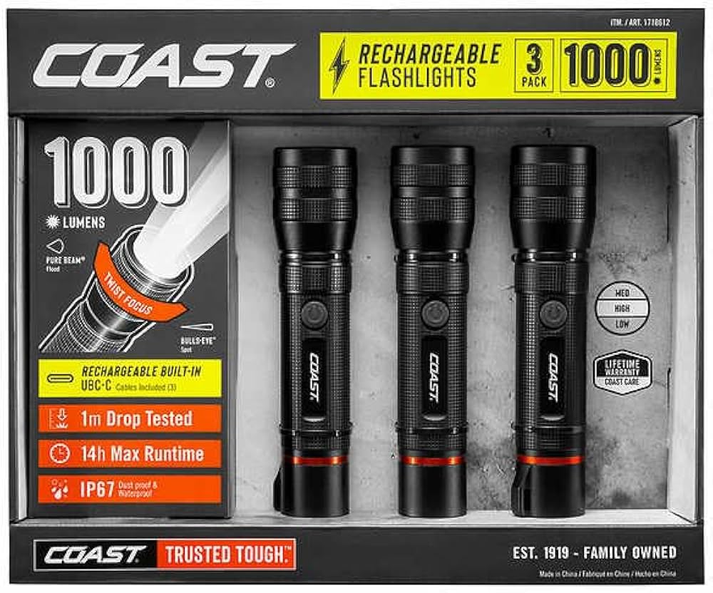 Coast 1000 Lumen Rechargeable LED Flashlight, Adjustable Focus