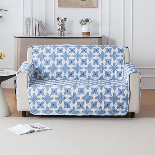 Image of House of Quirk 'Mughal Series' Anti-Slip Sofa Cover Mat with Pocket | Polyester Couch Protector for Pets, Kids & Spills (Indigo Motif, 180x120cm, Two Seater)