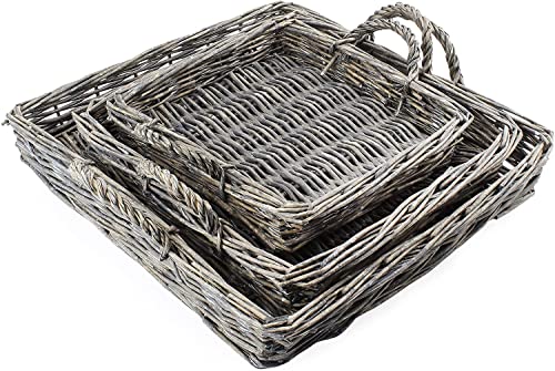 Auldhome Rustic Willow Basket Trays, Set Of 3 (Square, Gray Washed); Natural Wicker Decorative Farmhouse Trays #TOP4