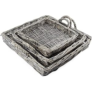 AuldHome Design Rustic Willow Basket Trays Set of 3 Square Gray Washed Natural Wicker Decorative Farmhouse Trays
