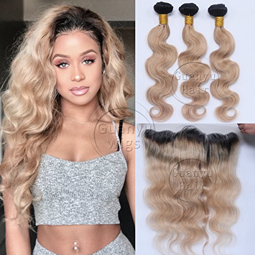 Guanyuwigs 13x4 Lace Frontal With Bundles Brazilian Virgin Human Hair Body Wave Ombre #1B/27 Honey Blonde 4Pcs/Lot(10+12 14 16)