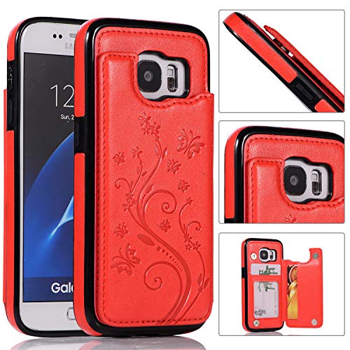 QFUN Back Wallet Case for Samsung Galaxy S7 with Stand, Elegant Embossed Design [Butterfly Flower] Lightweight Slim Fit Leather Phone Case with Card Holder Protective Bumper Flip Cover - Red