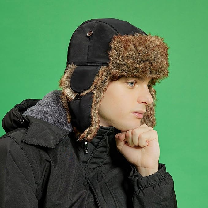 Image of Faux Fur Safety Reflective Plain Plaid Aviator Trapper Hat Snow Ski Trooper Winter Cap