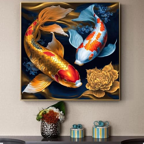 Peinture de paysage chinois de neuf poissons Koi affiches art mural salon 75x75cm