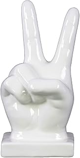 Peace Sign Hand Decor, Modern Gloss White Finish Ceramic Figurines for Home, Office, Shelf & Desk Décor: 5.75"x4.00"x10.75"H