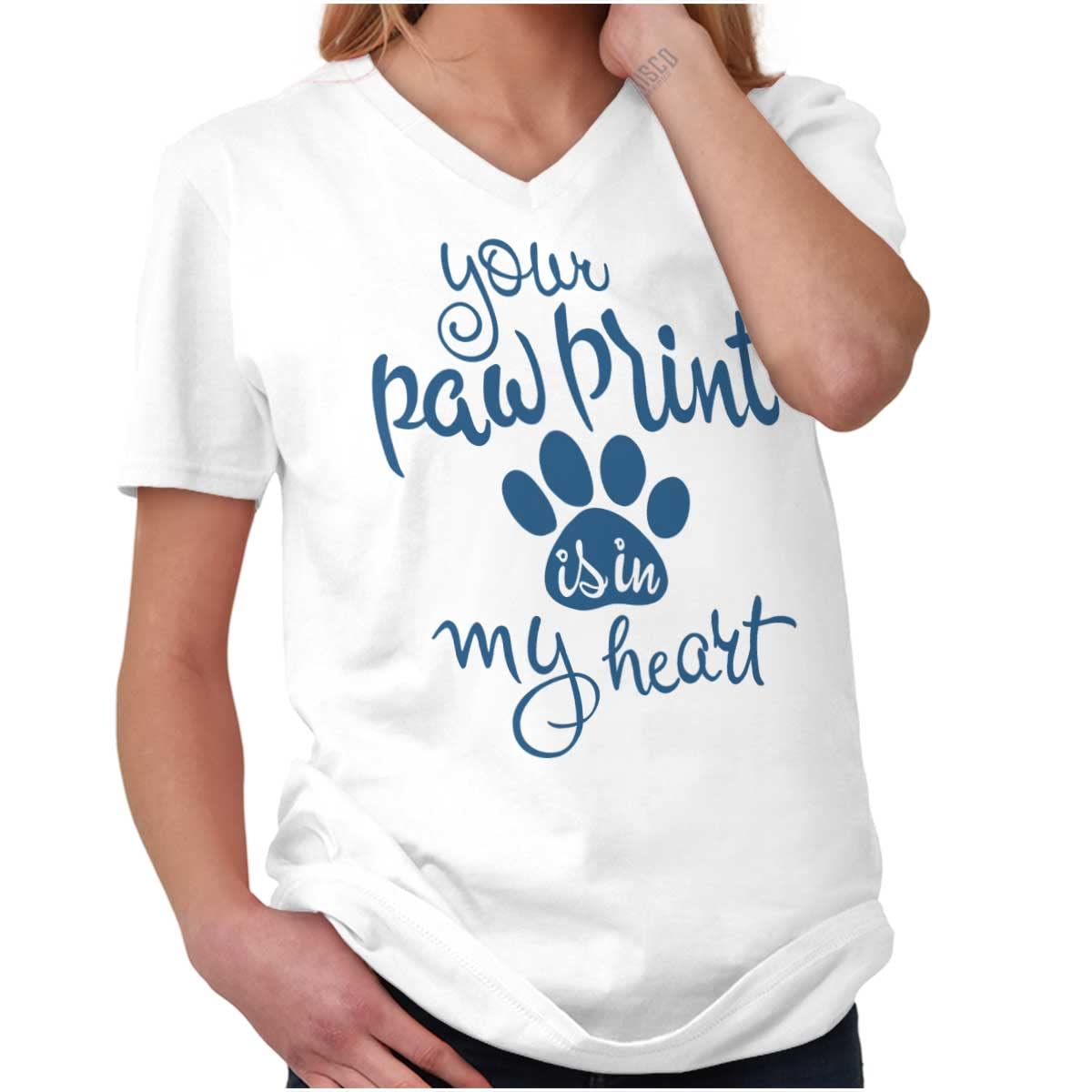 Paw Print in My Heart Cute Pet Owner V Neck T Shirt Tees Women