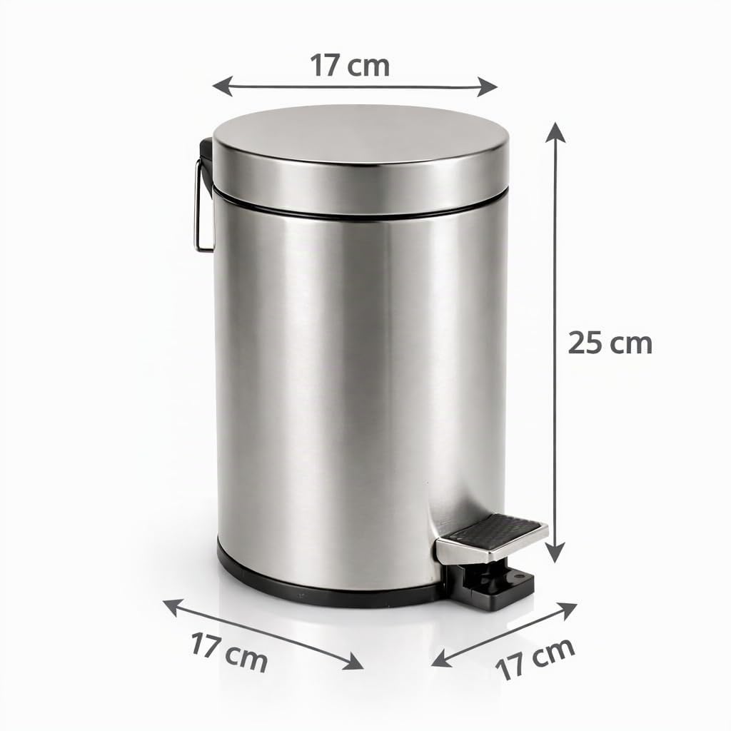 axentia Cubo de basura de acero inoxidable mate cepillado y resistente al óxido, cubo de basura de 3 L con tapa, cubo de basura con pedal para baño y inodoro, color plateado y negro, 17 x 17 x 25 cm