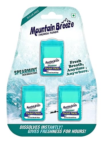 Mountain Breeze Oral Hygiene Mouth Freshener Sugar Free Spear Mint Flavoured Breath Strips (24 Strips Each Cassatte)-Pack Of 1(3 Cassette) New cover