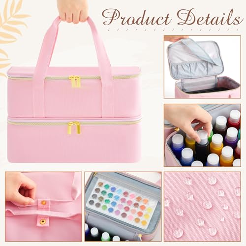 Image of Abbylike Acrylic Paint Organizer Case for up to 56 Bottles (2 Oz) Double Layer Art Supply Storage Bag Alcohol Ink Storage Paint Carry Case with Foam Insert and Inner Pocket(Pink)