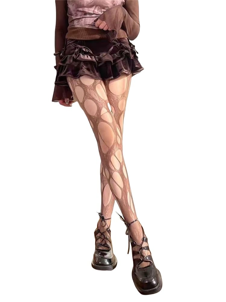 Llecdaseui Women's Brown Ripped Fishnet Tights Irregular Distressed Hole Mesh Tights Stockings Y2k Lace Sheer Pantyhose (Brown)
