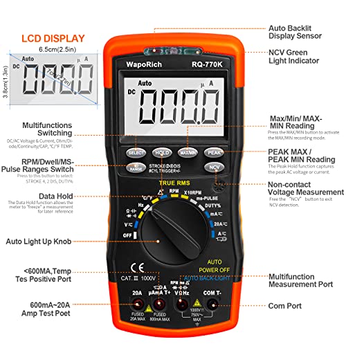 Image of Digital Multimeter RQ-770K, Automotive Multimeter for AC /DA Current Voltage, Temperature, Resistance, Capacitance, NCV, Dwell Angle, Pulse Width, Duty Cycle