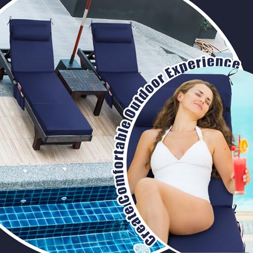 RattanView 2 Pcs Outdoor Chaise Lounge Cushion with Pillow and Side Pockets Waterproof Lounge Chair Cushions 72 x 21 x 4 Inch Patio Replacement Lounger Pad for Outdoor Furniture Pool(Navy Blue)
