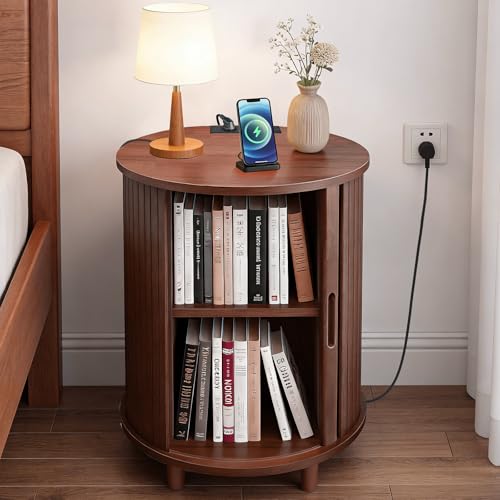 Image of DHH End Table Set of 2 with Storage & Charging Station, Fluted Accent Side Table with Sliding Door & Adjustable Shelf, Mid-Century Nightstand for Small Spaces, Living Room, Bedroom(2, Walnut)