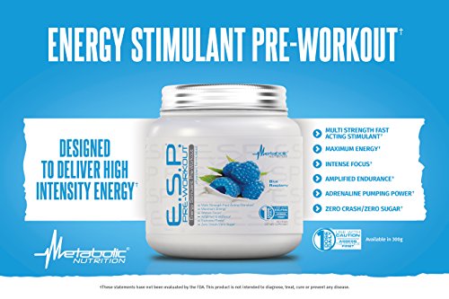 Image of Metabolic Nutrition | ESP - Stimulating Pre Workout, Pre Intra Workout Supplement | Energy & Endurance Stimulating | Natural, Safe & Mental Focus | Blue Raspberry, 300 Grams (90 Servings)