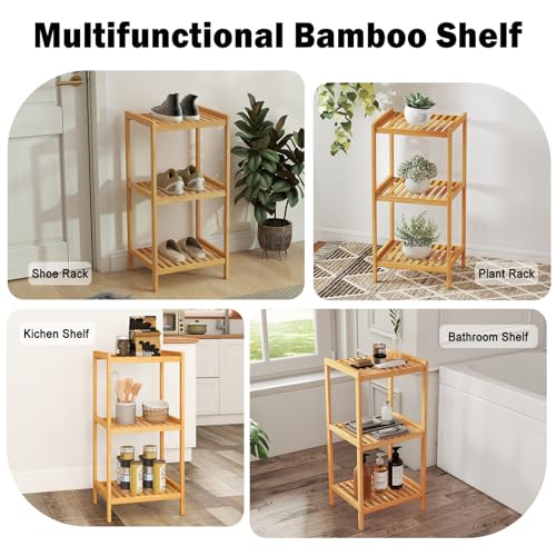 kinbor 3-Tier Bamboo Shelf Freestanding - Space-Saving Bathroom Standing Shelf & Plant Stand, 3 Shelf Bookcase for Kitchen, Living Room, Office (Natural Bamboo, Easy Assembly) - Thumbnail 6
