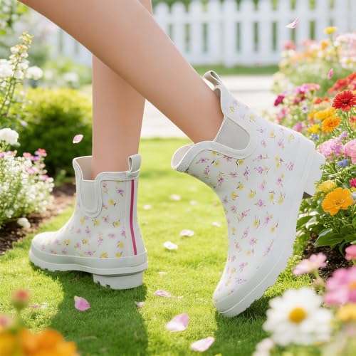 Image of SWIFTFROG Rain Boots for Women - Waterproof Ankle Garden Shoes Anti-Slipping Floral Printed Rainboots for Ladies Stylish Light Ankle Rain Shoes, Women's Rain Footwear