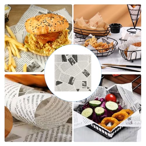 200 Blätter Burger Papier, Deli Papierblätter, 25 x 25 cm Backpapier Zeitungsoptik, Burger Pommes Papier für Korb, Käsepapier für Käse Sandwich Verpackungspapier Wrap Papiers Butterbrot Frites