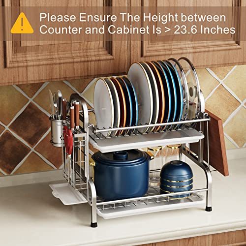 image for Dish Drying Rack, iSPECLE 304 Stainless Steel 2-Tier Dish Rack with Ut