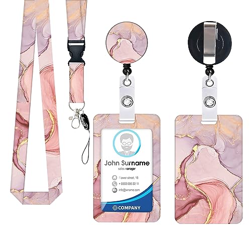 NUDFSY Lanyard with Card Holder, Adjustable Retractable Lanyards ID Badge Holder,with Clip Clasp and Badge Holder, Neck Strap with ID Hard Card Case for ID Card, Office, School(Pink Marble)